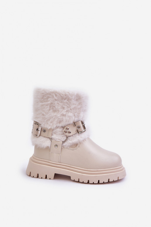 Eco Leather Girls Ankle Boots With Fur And Buckles Beige Cartemes