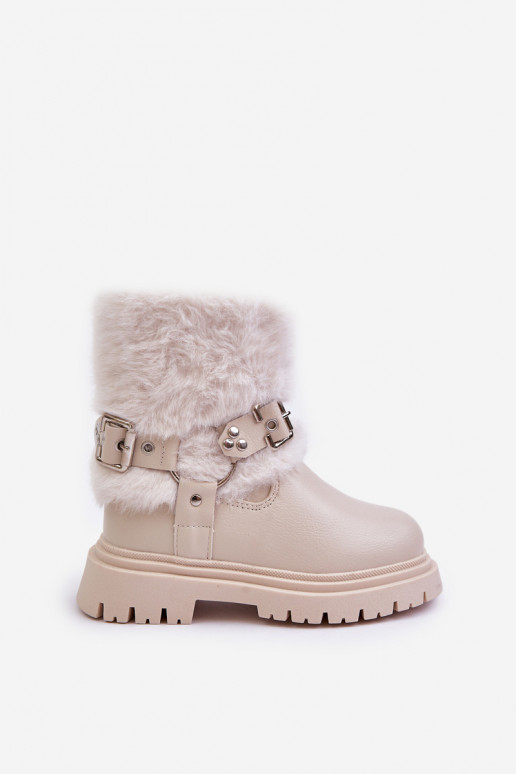 Eco Leather Girls Ankle Boots With Fur And Buckles Beige Cartemes