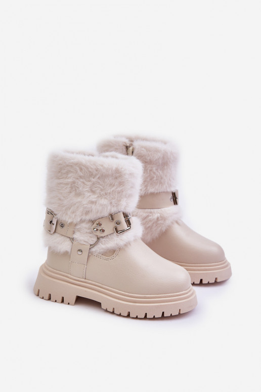 Eco Leather Girls Ankle Boots With Fur And Buckles Beige Cartemes