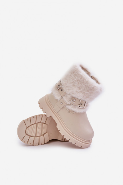 Eco Leather Girls Ankle Boots With Fur And Buckles Beige Cartemes