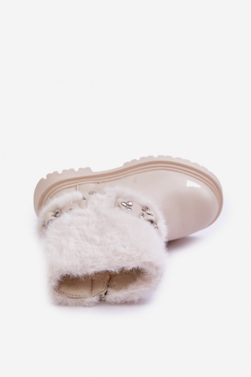 Eco Leather Girls Ankle Boots With Fur And Buckles Beige Cartemes