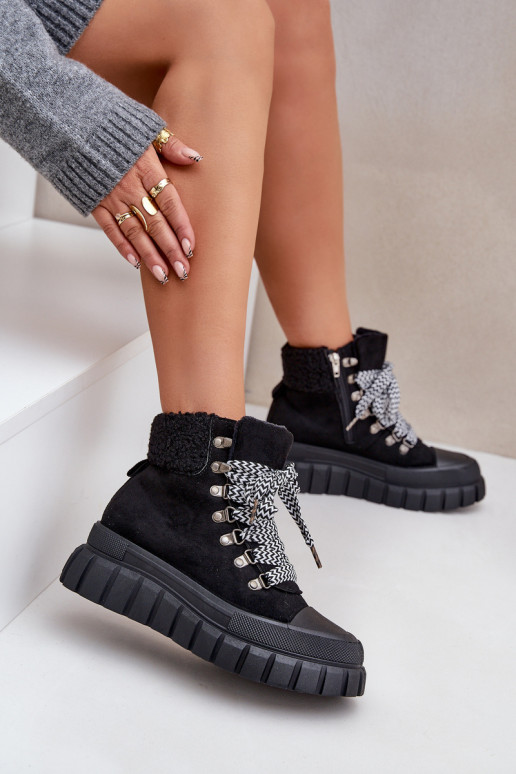 Damskie Ocieplane Botki Trapery Na Platformie Czarne Alcyhen