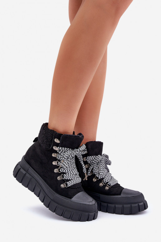 Damskie Ocieplane Botki Trapery Na Platformie Czarne Alcyhen