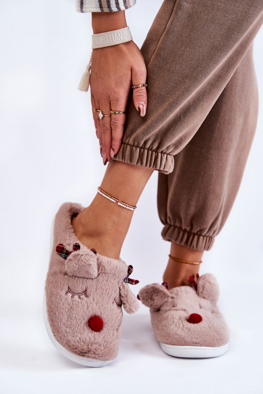 Women's Christmas Fur Slippers With Reindeer Beige Claire Women's Christmas Fur Slippers With Reindeer Beige Claire