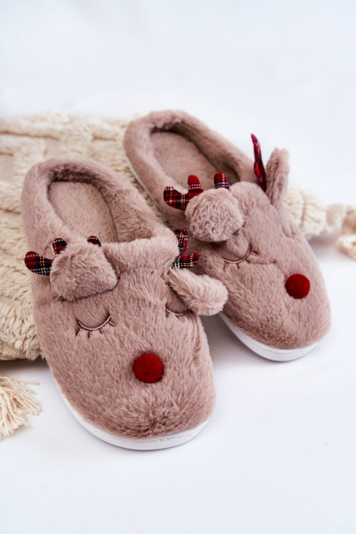 Women's Christmas Fur Slippers With Reindeer Beige Claire Women's Christmas Fur Slippers With Reindeer Beige Claire