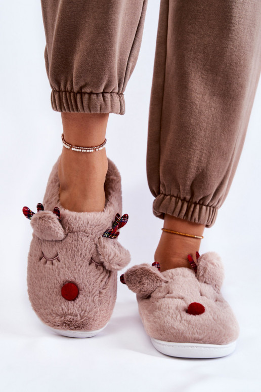 Women's Christmas Fur Slippers With Reindeer Beige Claire Women's Christmas Fur Slippers With Reindeer Beige Claire