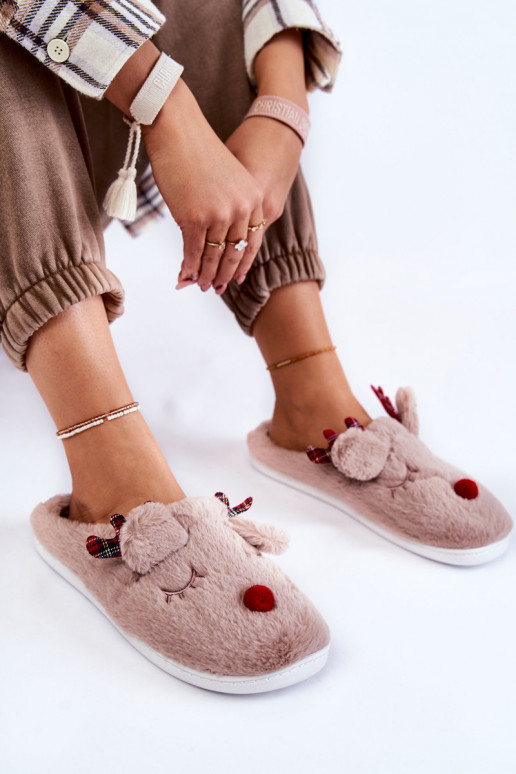 Women's Christmas Fur Slippers With Reindeer Beige Claire Women's Christmas Fur Slippers With Reindeer Beige Claire