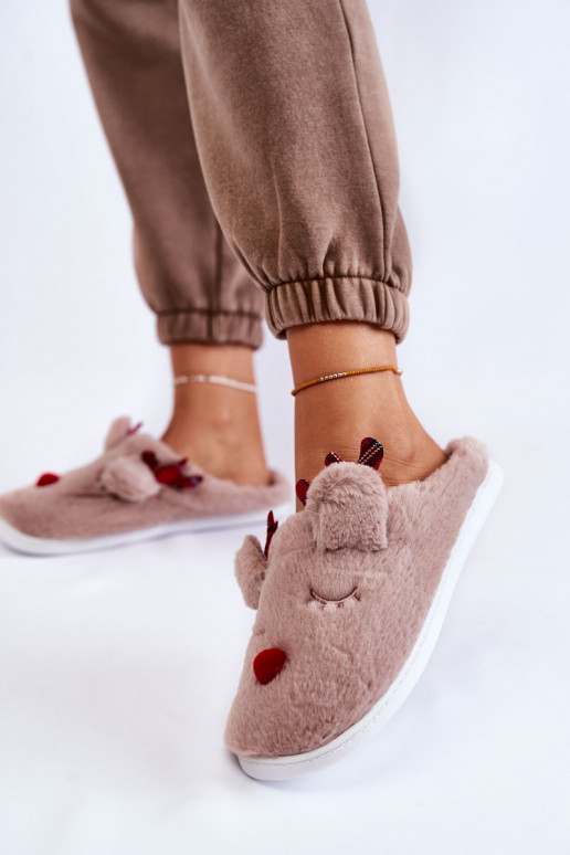 Women's Christmas Fur Slippers With Reindeer Beige Claire Women's Christmas Fur Slippers With Reindeer Beige Claire