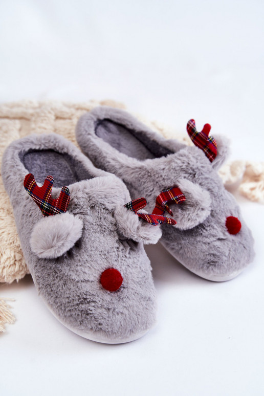 Women's Christmas Fur Slippers With Reindeer Grey Claire Women's Christmas Fur Slippers With Reindeer Grey Claire