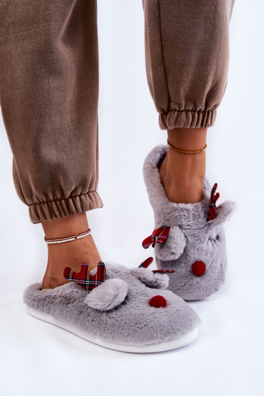 Women's Christmas Fur Slippers With Reindeer Grey Claire Women's Christmas Fur Slippers With Reindeer Grey Claire