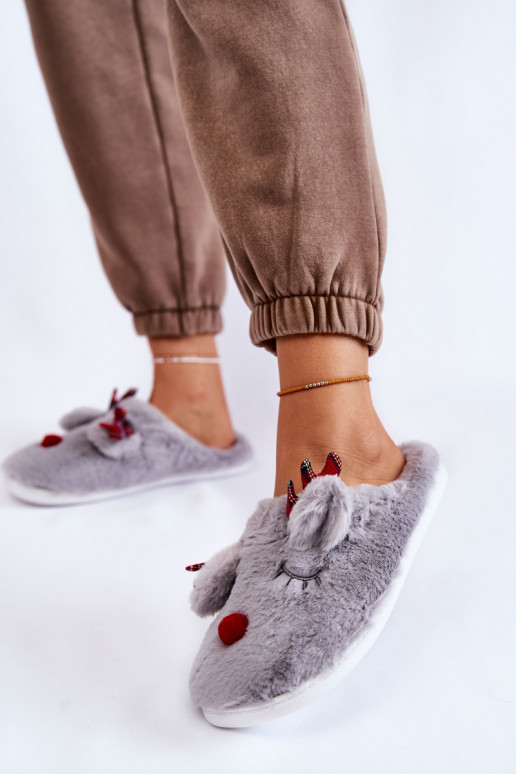 Women's Christmas Fur Slippers With Reindeer Grey Claire Women's Christmas Fur Slippers With Reindeer Grey Claire