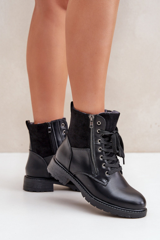 Insulated ankle boots flat heel eco leather black Naoise