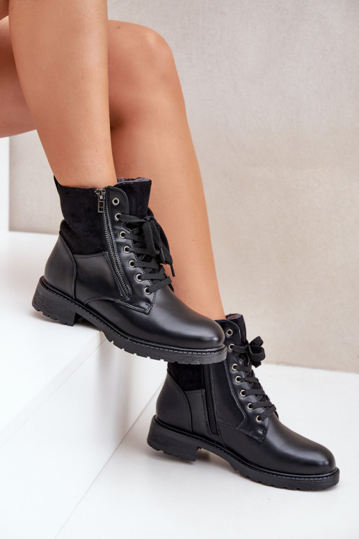 Insulated ankle boots flat heel eco leather black Naoise