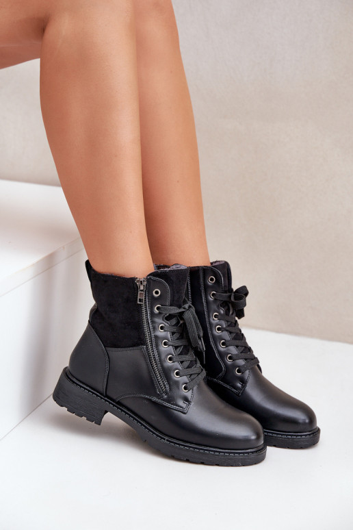 Insulated ankle boots flat heel eco leather black Naoise