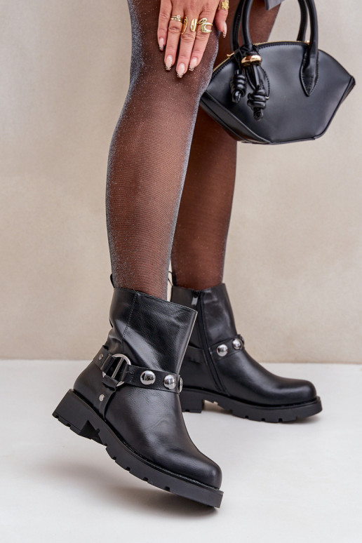 Ankle Boots With Flat Heel Insulated With Decorative Straps Black Felilania Ankle Boots With Flat Heel Insulated With Decorative Straps Black Felilania