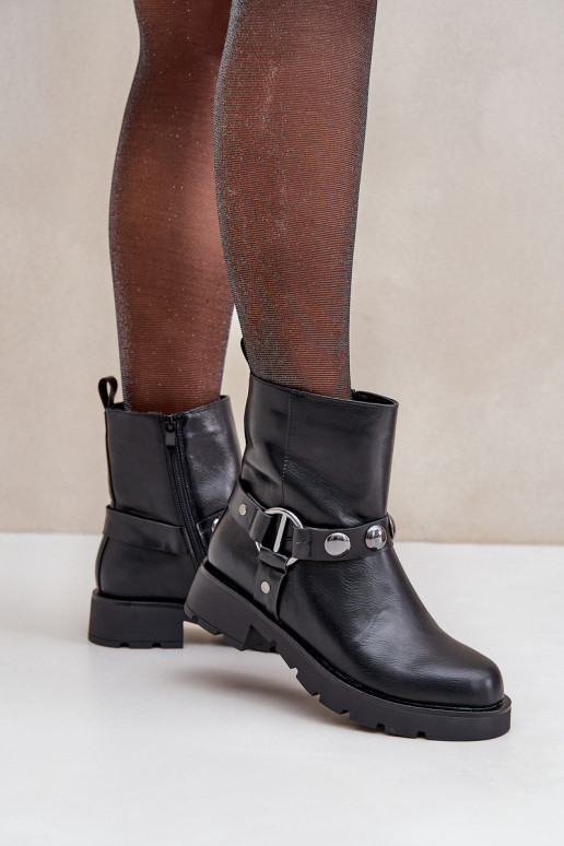 Ankle Boots With Flat Heel Insulated With Decorative Straps Black Felilania Ankle Boots With Flat Heel Insulated With Decorative Straps Black Felilania