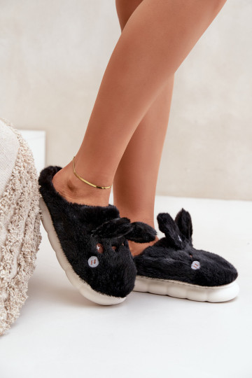 Furry Slippers With Bunny Motif Black Natasha 2