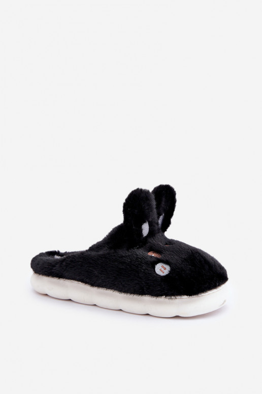 Furry Slippers With Bunny Motif Black Natasha Furry Slippers With Bunny Motif Black Natasha