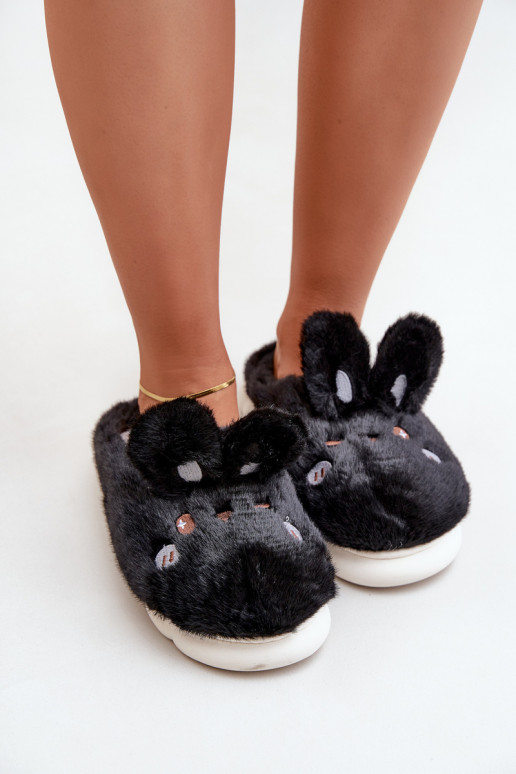 Furry Slippers With Bunny Motif Black Natasha Furry Slippers With Bunny Motif Black Natasha