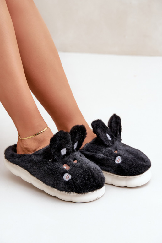 Furry Slippers With Bunny Motif Black Natasha Furry Slippers With Bunny Motif Black Natasha