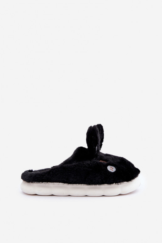 Furry Slippers With Bunny Motif Black Natasha Furry Slippers With Bunny Motif Black Natasha