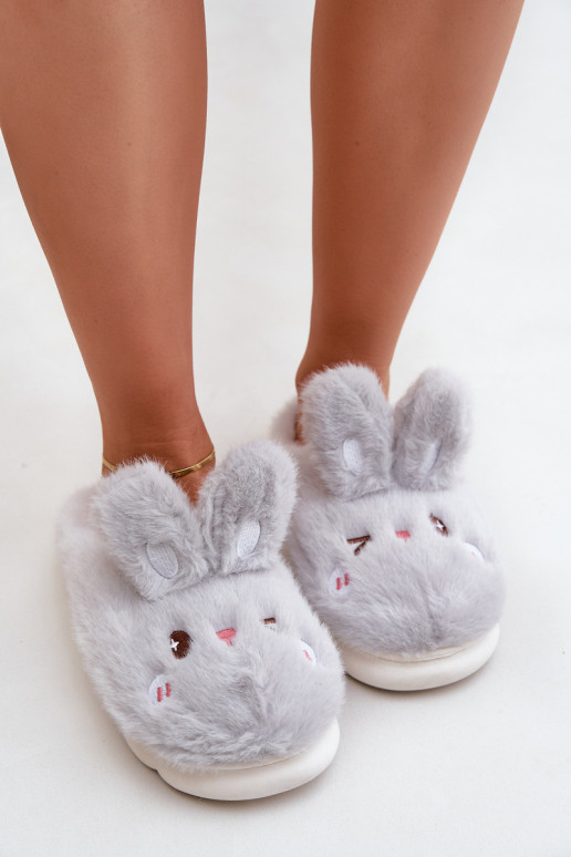Furry Slippers With Bunny Motif Light Gray Natasha Furry Slippers With Bunny Motif Light Gray Natasha