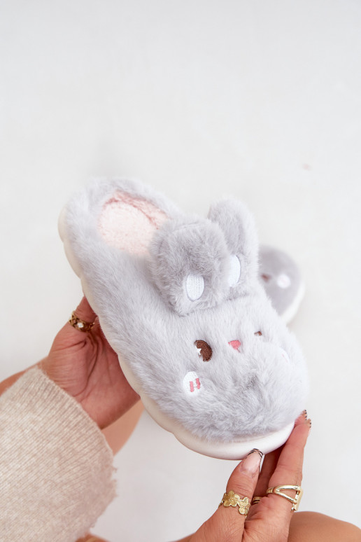 Furry Slippers With Bunny Motif Light Gray Natasha Furry Slippers With Bunny Motif Light Gray Natasha