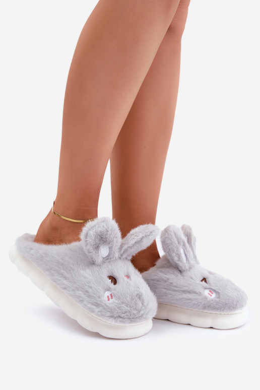 Furry Slippers With Bunny Motif Light Gray Natasha Furry Slippers With Bunny Motif Light Gray Natasha