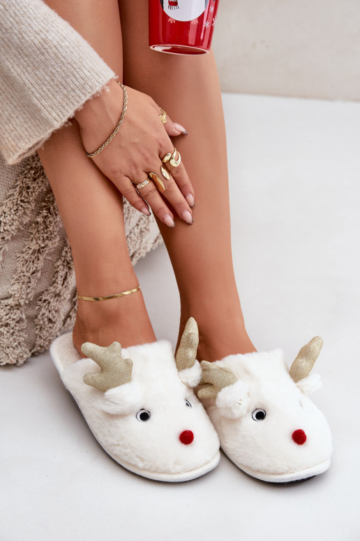 Christmas Slippers With Reindeer Motif Fur White Asielle Christmas Slippers With Reindeer Motif Fur White Asielle