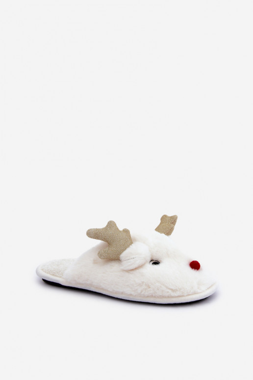 Christmas Slippers With Reindeer Motif Fur White Asielle Christmas Slippers With Reindeer Motif Fur White Asielle