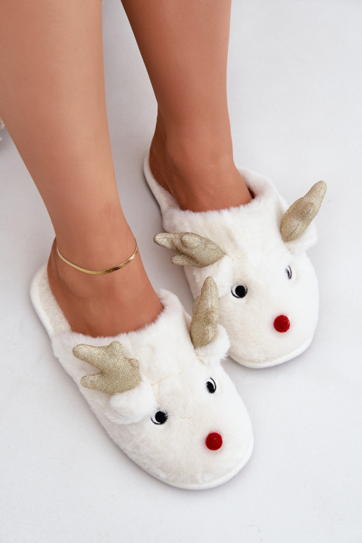 Christmas Slippers With Reindeer Motif Fur White Asielle Christmas Slippers With Reindeer Motif Fur White Asielle