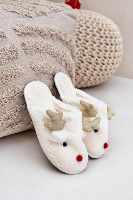 Christmas Slippers With Reindeer Motif Fur White Asielle Christmas Slippers With Reindeer Motif Fur White Asielle