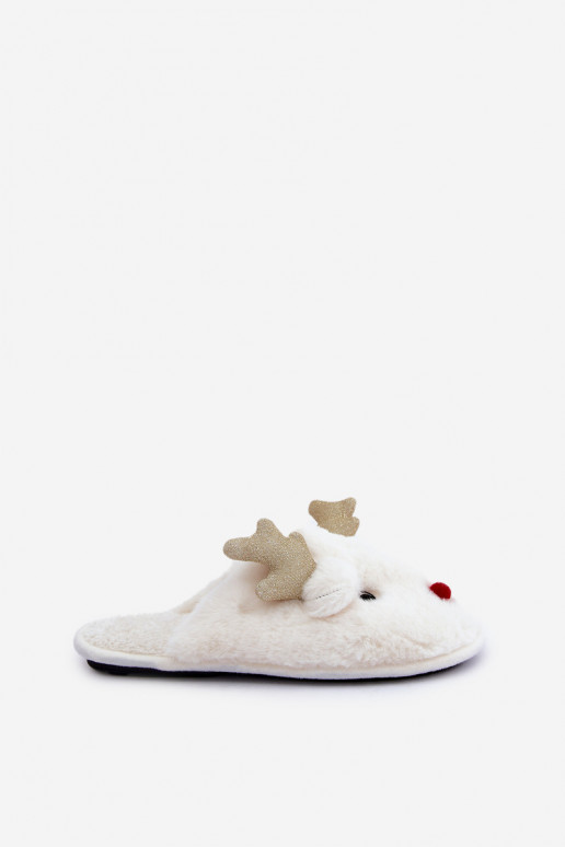 Christmas Slippers With Reindeer Motif Fur White Asielle Christmas Slippers With Reindeer Motif Fur White Asielle