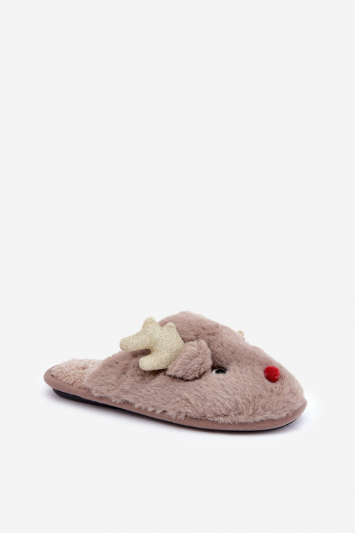 Christmas Slippers With Reindeer Design Furry Dark Beige Asielle Christmas Slippers With Reindeer Design Furry Dark Beige Asielle