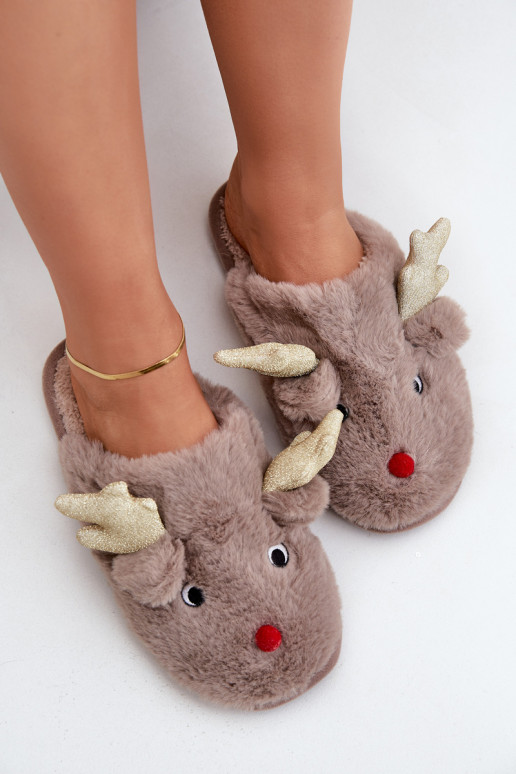 Christmas Slippers With Reindeer Design Furry Dark Beige Asielle Christmas Slippers With Reindeer Design Furry Dark Beige Asielle