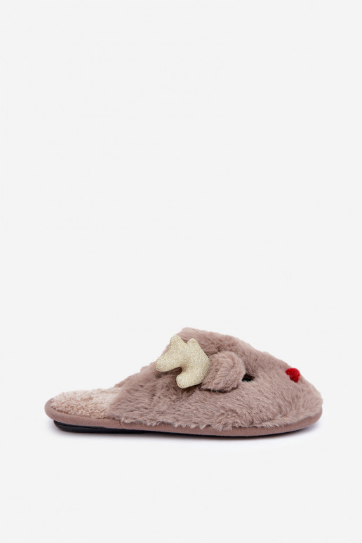 Christmas Slippers With Reindeer Design Furry Dark Beige Asielle Christmas Slippers With Reindeer Design Furry Dark Beige Asielle
