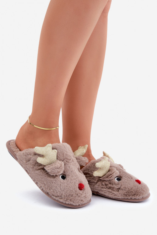 Christmas Slippers With Reindeer Design Furry Dark Beige Asielle Christmas Slippers With Reindeer Design Furry Dark Beige Asielle