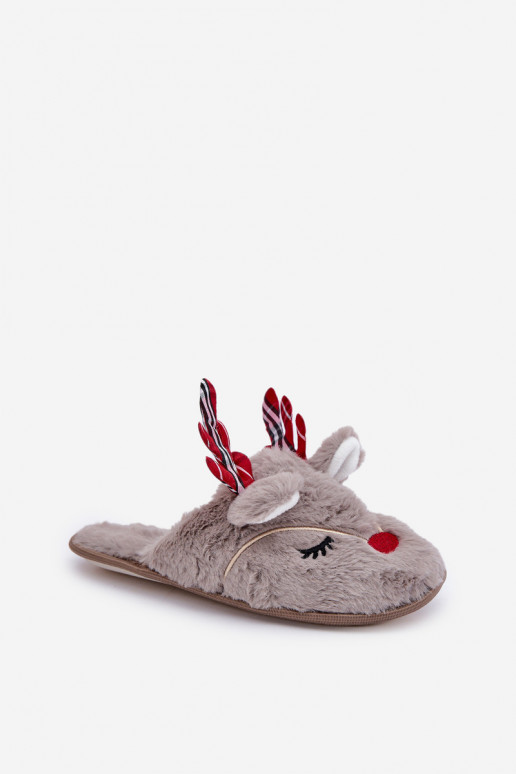 Christmas Slippers With Reindeer Design Dark Beige Sylaia Christmas Slippers With Reindeer Design Dark Beige Sylaia