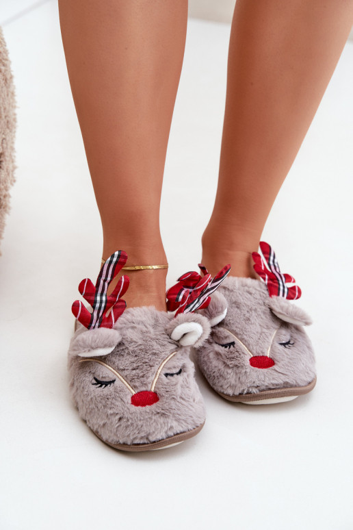 Christmas Slippers With Reindeer Design Dark Beige Sylaia Christmas Slippers With Reindeer Design Dark Beige Sylaia