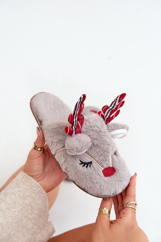 Christmas Slippers With Reindeer Design Dark Beige Sylaia Christmas Slippers With Reindeer Design Dark Beige Sylaia