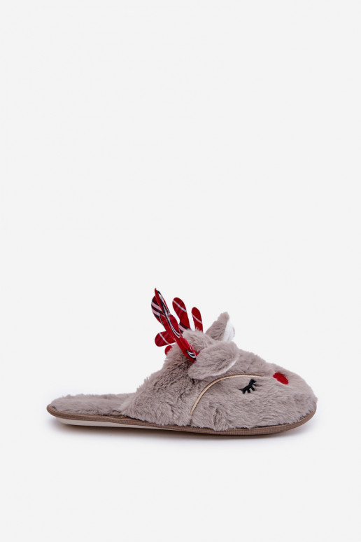 Christmas Slippers With Reindeer Design Dark Beige Sylaia Christmas Slippers With Reindeer Design Dark Beige Sylaia
