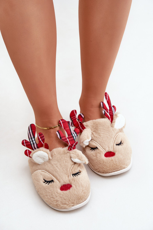 Christmas Slippers With Reindeer Motif Beige Sylaia Christmas Slippers With Reindeer Motif Beige Sylaia