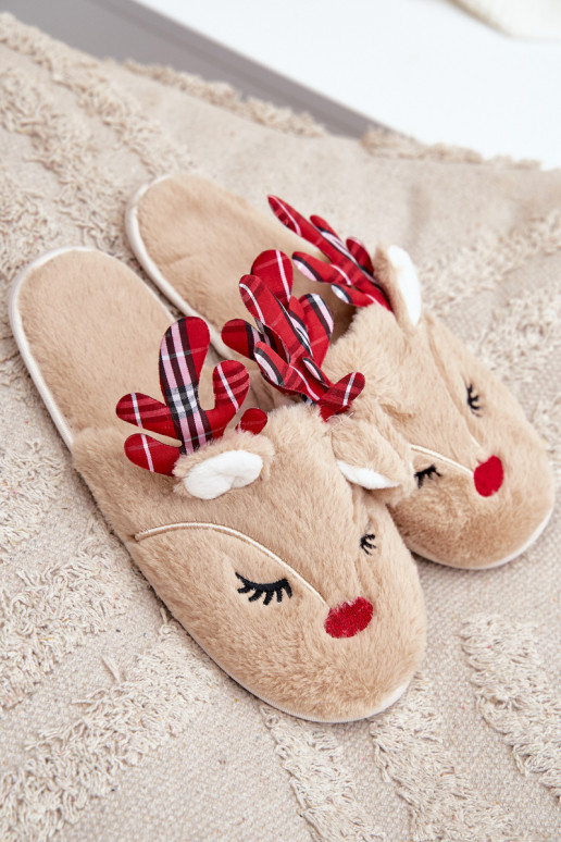 Christmas Slippers With Reindeer Motif Beige Sylaia Christmas Slippers With Reindeer Motif Beige Sylaia