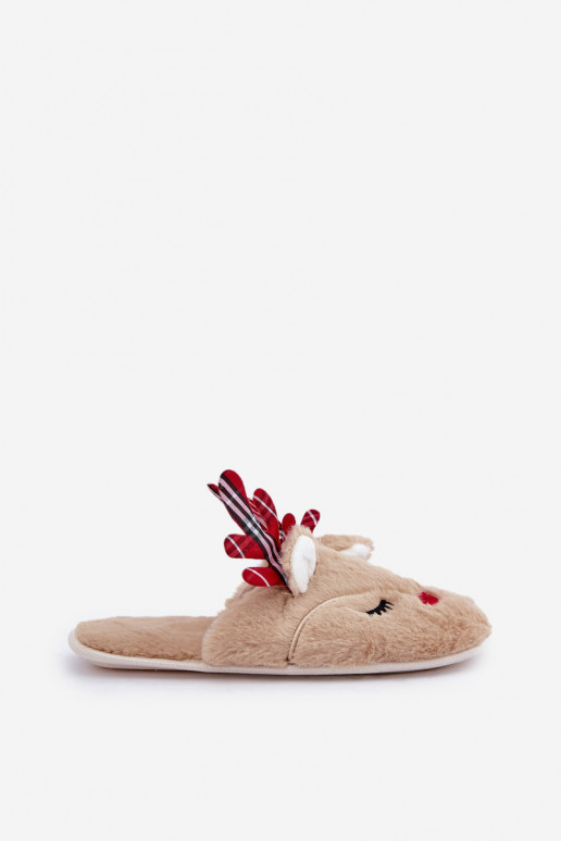 Christmas Slippers With Reindeer Motif Beige Sylaia Christmas Slippers With Reindeer Motif Beige Sylaia