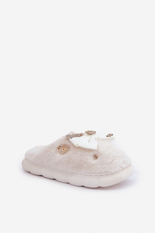 Furry Slippers With Bow And Pins White Annalira Furry Slippers With Bow And Pins White Annalira