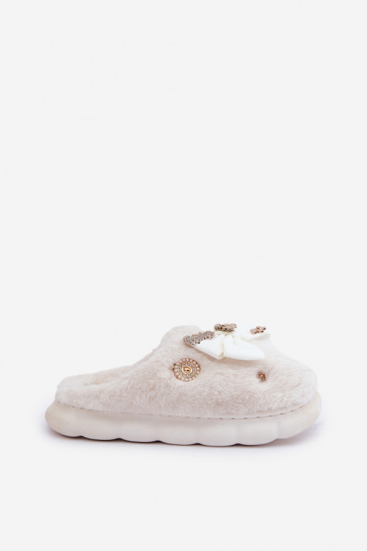 Furry Slippers With Bow And Pins White Annalira Furry Slippers With Bow And Pins White Annalira