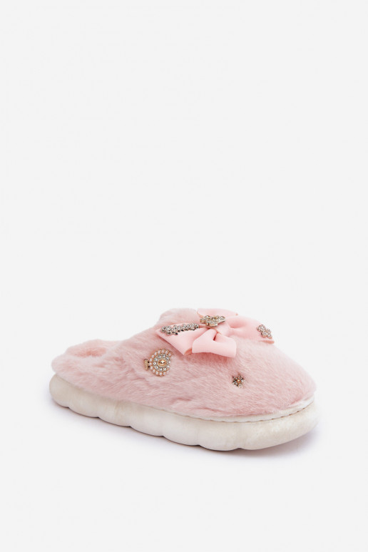 Furry Slippers With Bow And Pins Pink Annalira Furry Slippers With Bow And Pins Pink Annalira