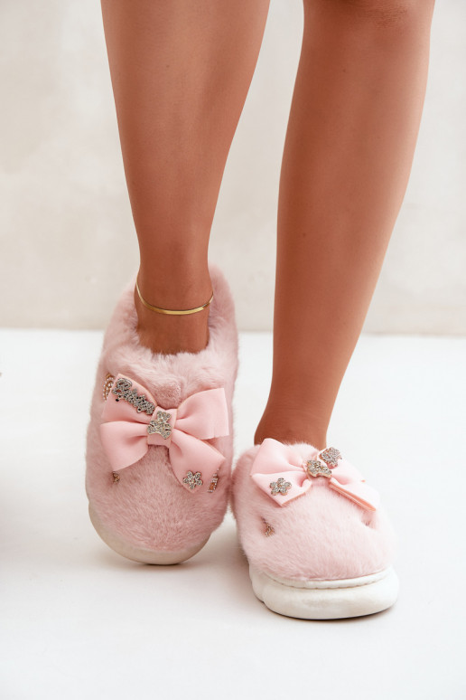 Furry Slippers With Bow And Pins Pink Annalira Furry Slippers With Bow And Pins Pink Annalira
