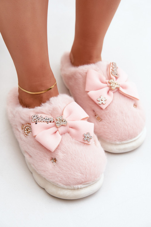 Furry Slippers With Bow And Pins Pink Annalira Furry Slippers With Bow And Pins Pink Annalira