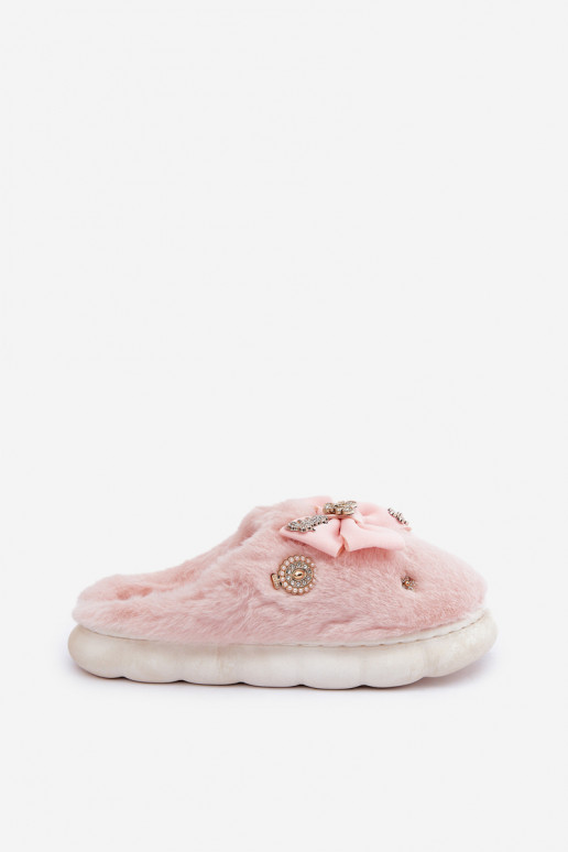 Furry Slippers With Bow And Pins Pink Annalira Furry Slippers With Bow And Pins Pink Annalira